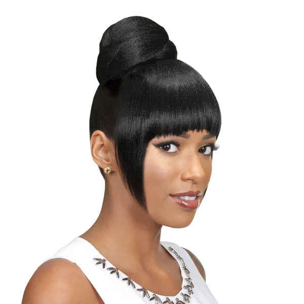 Eve Hair Casa Blanca Fringe Bun 2 in 1 worn - model showing the fringe and bun style