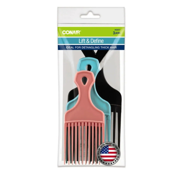 Conair Lift And Define Hair Pick Combs, Assorted Colors, 3 Pack image 0