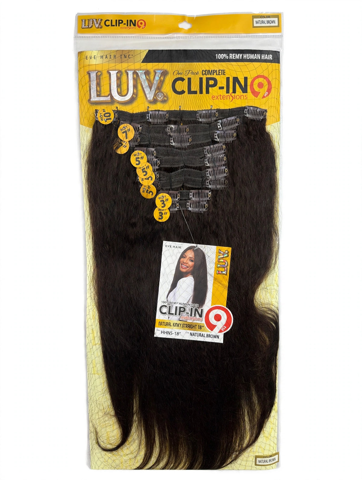 LUV Clip-In Extensions Natural Kinky Straight 18", Color Natural Brown